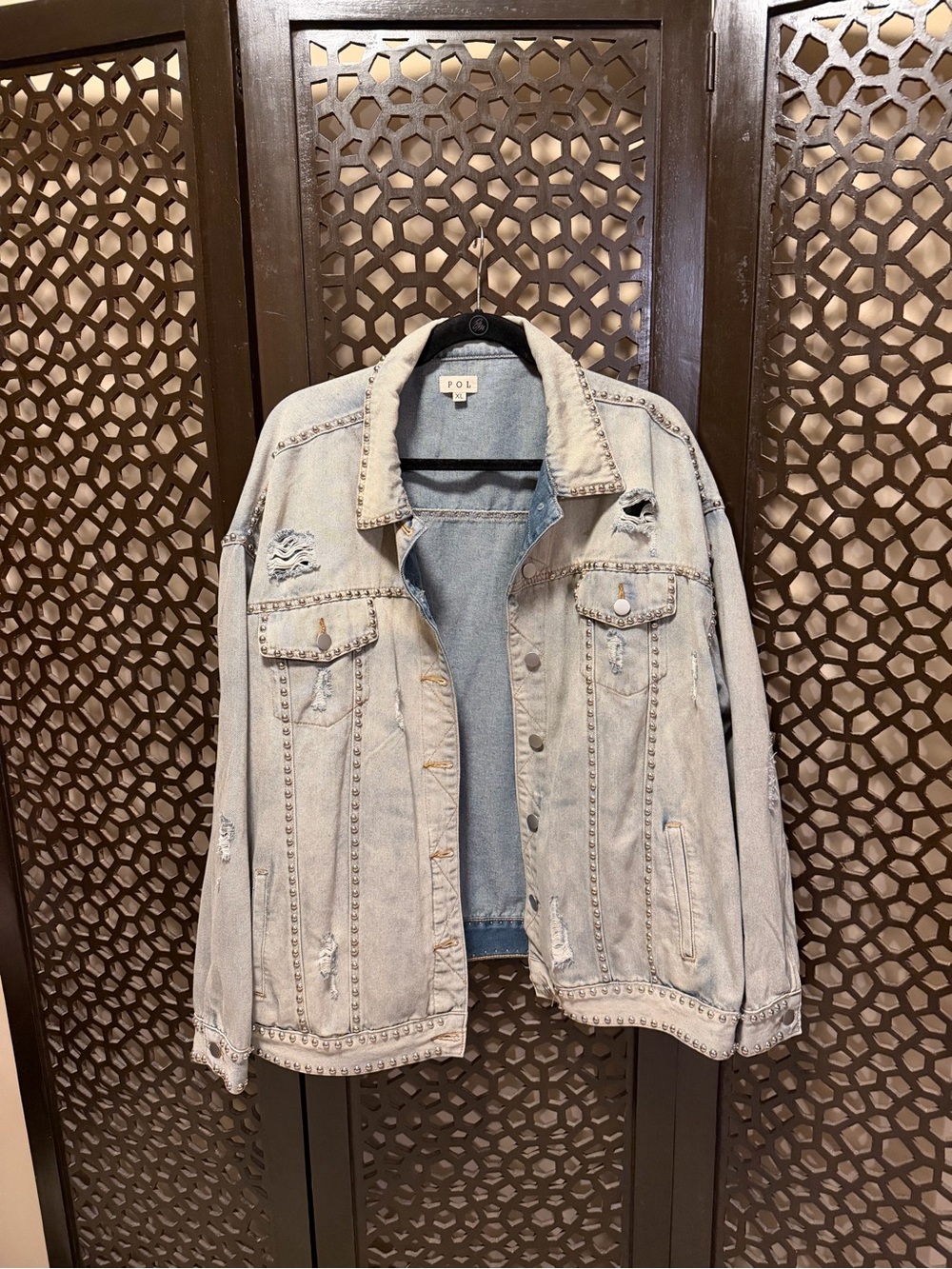 Light Wash Distressed Studded Denim Jacket - POI